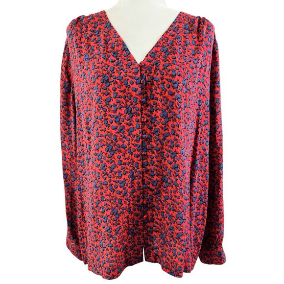 J. Jill Red Blue Floral Ditsy V-Neck Button-Up Blouse Colorful Americana - Picture 1 of 9